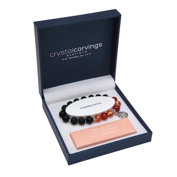 Crystal Carvings Bracelet - Matte Black Agate, Red Agate & Amber